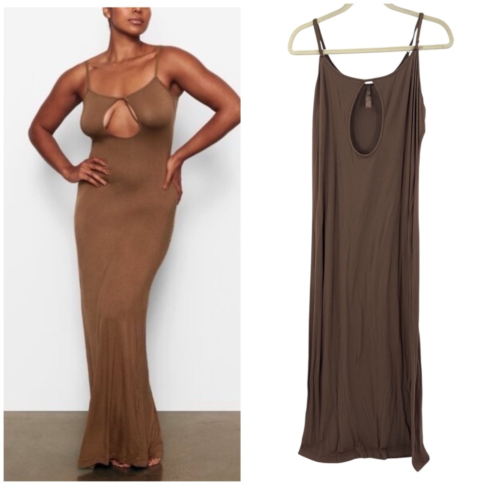 SKIMS Keyhole Maxi Dress Womens Size XL Wood Brown Soft Lounge Stretch